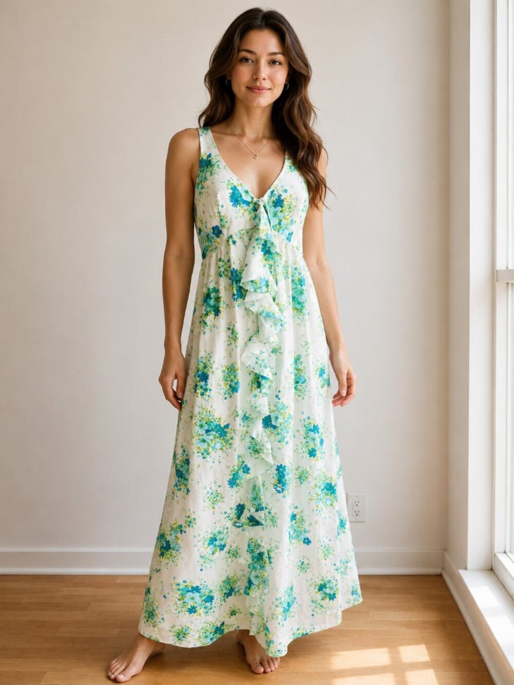 Linda Lingerie Blue Green Floral Nightgown + Robe Matching Set S